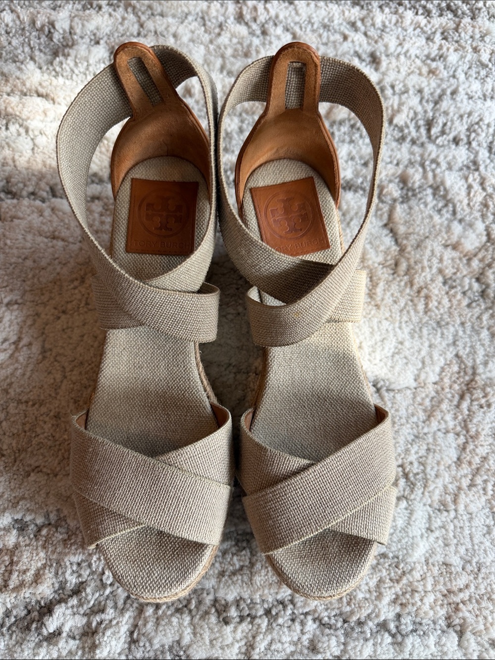 Tory Burch Neutral Canvas Crisscross Wedge Sandals. Size 7.5